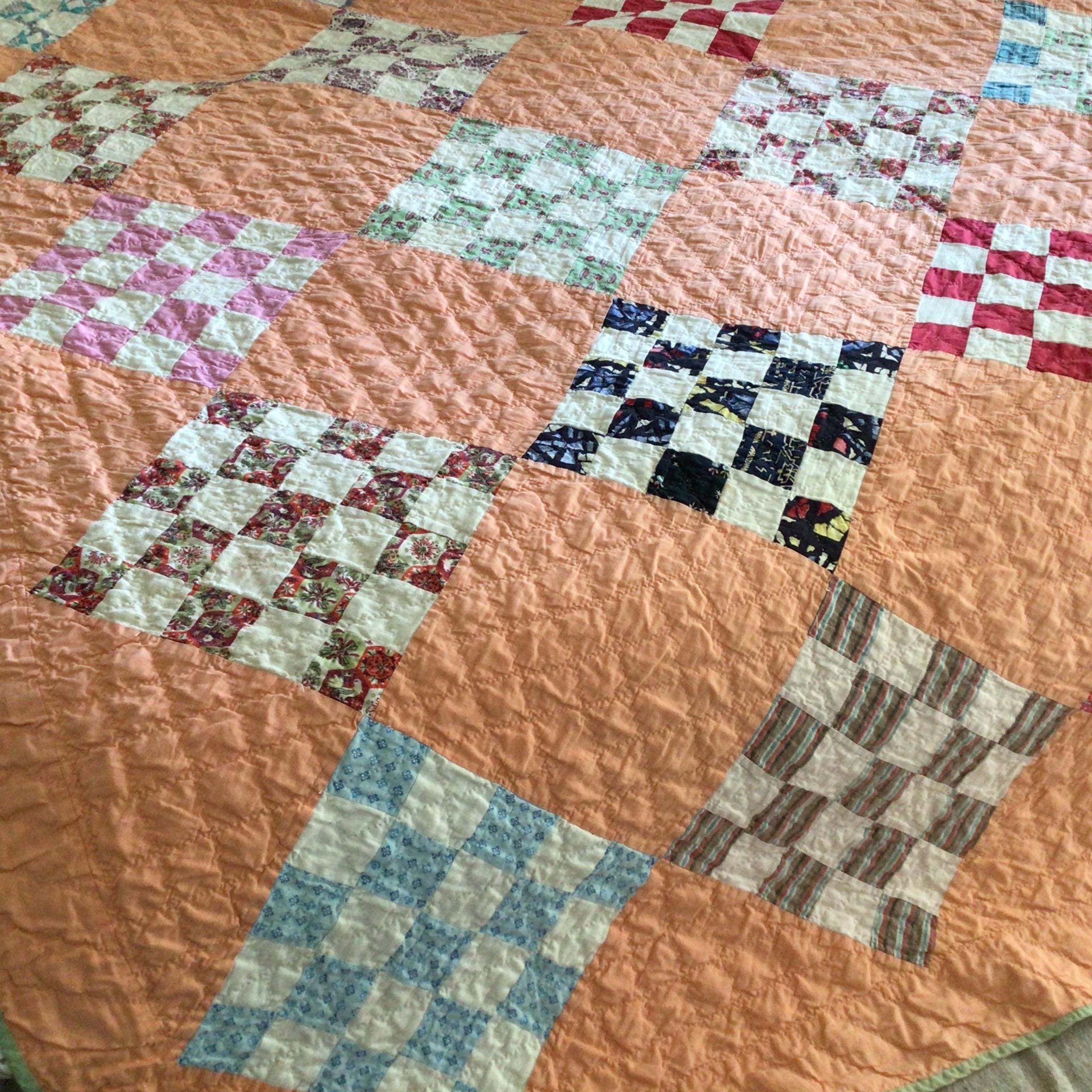vintage hand sewn, hand quilted Postage Stamp quilt, blankets and throws