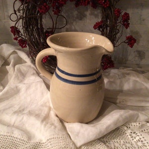 Vintage stoneware pitcher with blue stripe, crock pitcher, pottery pitcher, primitive pitcher, milk pitcher, water pitcher