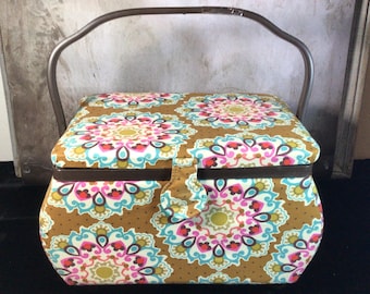 vintage Fabric Sweing Basket, sewing Storage, notions