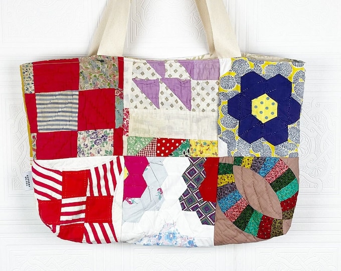 Quilt Tote Bag / Vintage Patchwork Quilted Market Bag / Handmade