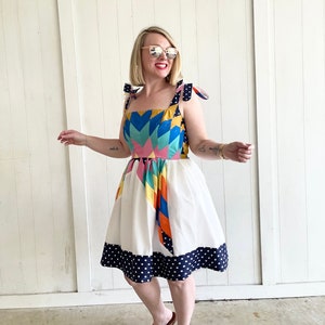 Lonestar Quilt Frill Mini Dress / Large / Upcycled Handmade Dress / Tie Shoulder Sun Dress / Oscilatey / Colorful Star