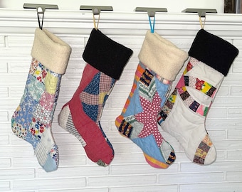 Vintage Quilt Christmas Stocking: Upcycled Patchwork with Fleece Cuff
