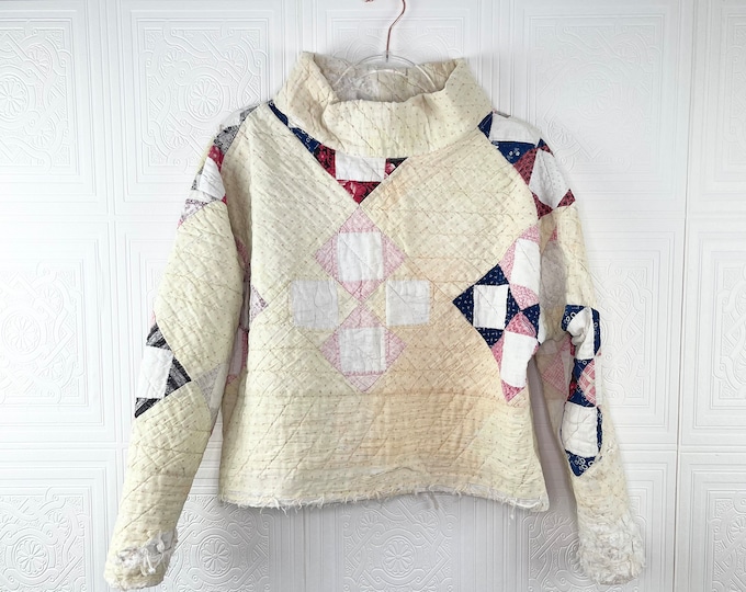 Quilt Funnel Neck Pullover / Small / Vintage Patchwork Quilted Sweater