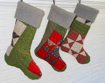 Vintage Quilt Christmas Stocking: Upcycled Patchwork with Fleece Cuff