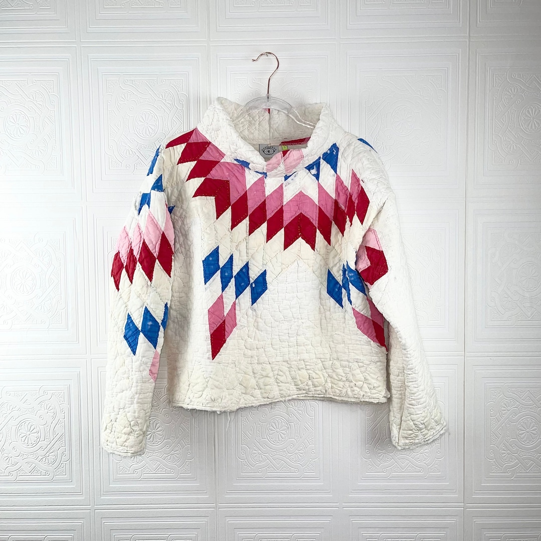 Quilt Funnel Neck Pullover / Small/ Vintage Patchwork Quilted Sweater