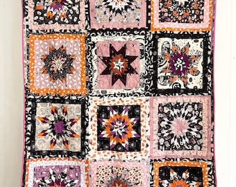 Halloween Lone Star Throw Quilt / Handmade Cotton Spooky Pink Orange Patchwork Quilt / Pumpkin Pastel Colorful Blanket / Oscilatey