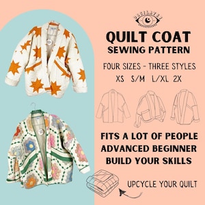 Peut inclure: Patron de couture pour un manteau en patchwork. Le patron comprend quatre tailles : XS, S/M, L/XL et 2X. Le patron comprend également trois styles. Le patron est destiné aux débutants confirmés et peut être utilisé pour recycler une courtepointe.