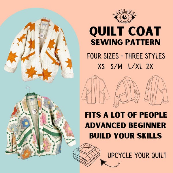 Quilt Coat PDF Sewing Pattern / Make your own quilt coat / US Letter A4 A0 PDF / Big Pocket Quilt Coat / Oscilatey / Diy/ xs s/m l/xl 2x