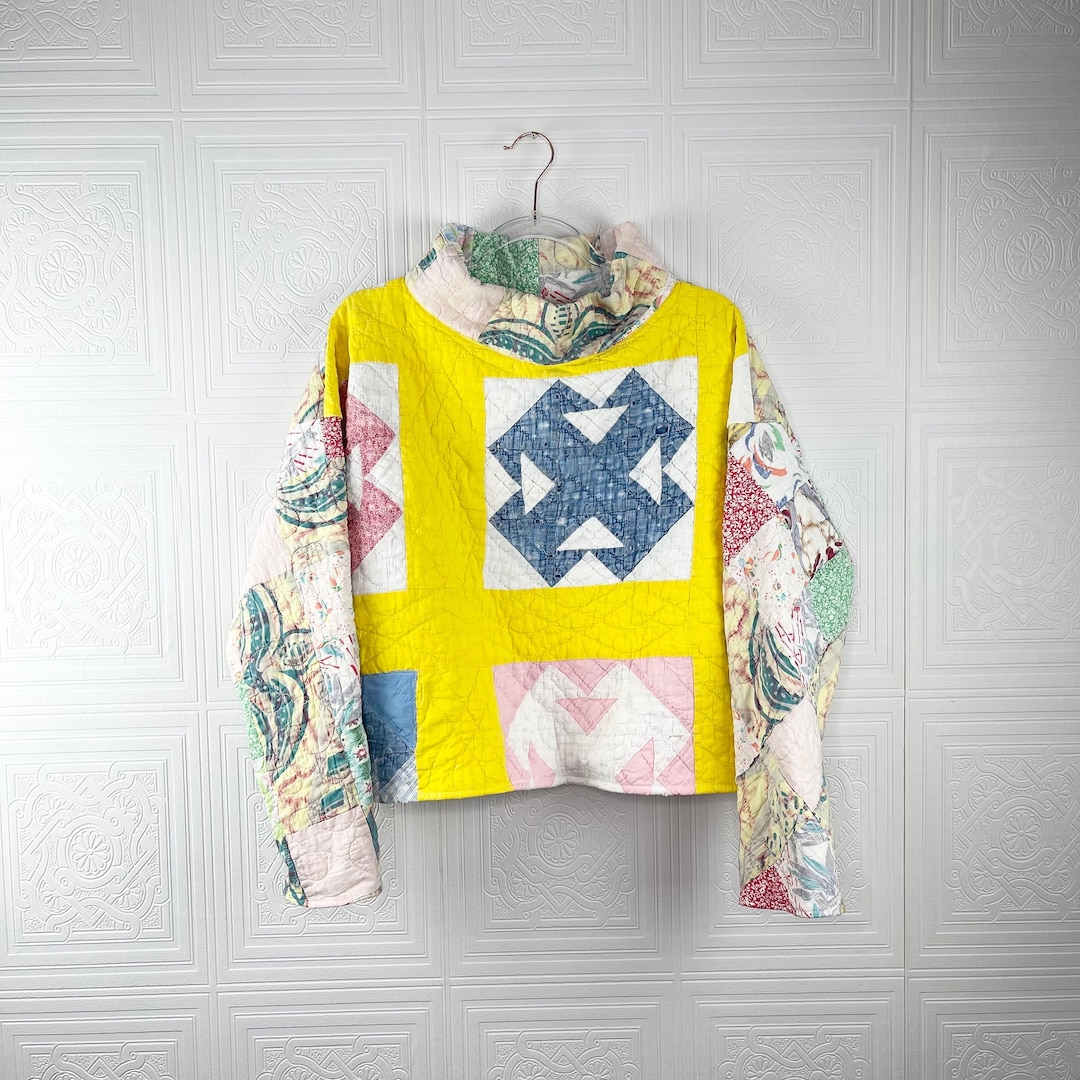 Quilt Funnel Neck Pullover / Large / Vintage Patchwork Quilted Sweater