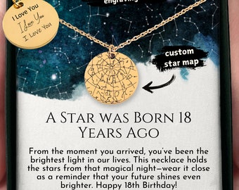 18th Birthday Gift, A Star was Born 18 Years Ago, Custom Star Map Necklace with Message Card, Personalized Jewelry for 18 Year Old Girl