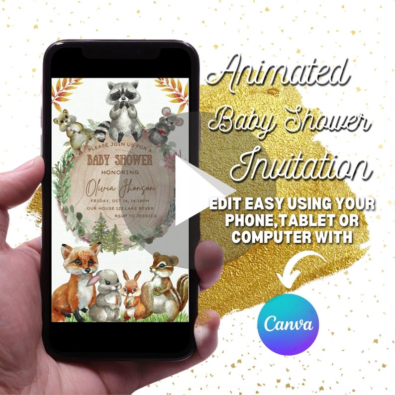 EDITABLE Woodland Baby Shower Invitation Video Cute Forest Etsy