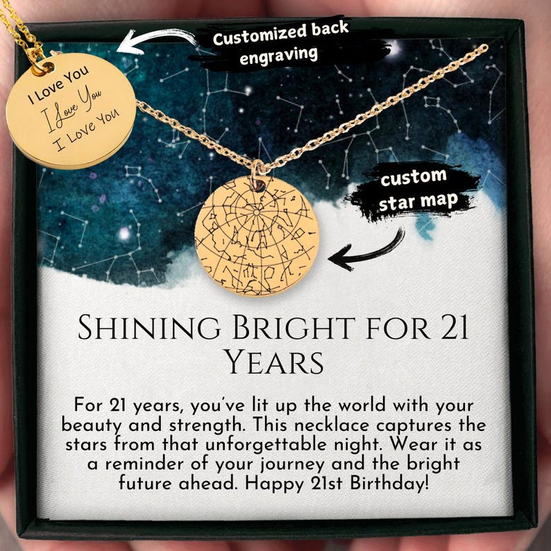 21st Birthday Gift, Custom Star Map Necklace With Message Card