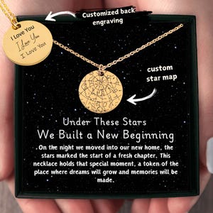 Collier carte des étoiles pour la maison neuve, pendentif personnalisé pour pendaison de crémaillère, cadeau personnalisé pour les propriétaires, bijoux gravés pour un nouveau départ