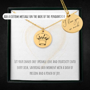 May include: Gold necklace with two round pendants. The front pendant features a chef's hat illustration. The back pendant has the text "I love you so much".