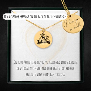 Gepersonaliseerde 74 en fantastische ketting voor vrouwen, op maat gegraveerde 74e verjaardagssieraden, 74-jarige cadeau voor haar, nummer bedelhanger