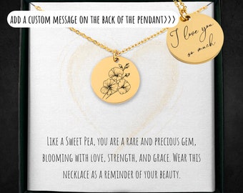 Personalized Sweet Pea Necklace: Engraved Floral Charm, Birthday Gift
