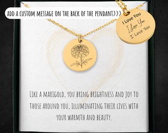 Personalized Marigold Necklace: Custom Engraved Floral Pendant