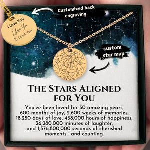 Gepersonaliseerde 50e verjaardag sieraden voor vrouwen, aangepaste sterrenkaart hanger ketting met emotionele tekstkaart – uniek 50-jarig cadeau voor haar