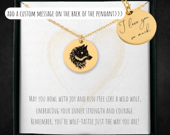 Collier pendentif loup personnalisé : breloque pièce de monnaie gravée, acier inoxydable