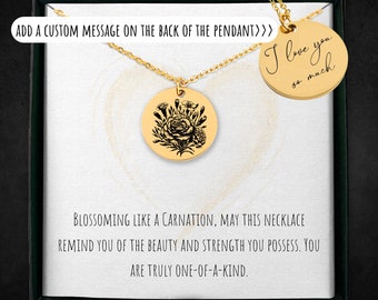 Carnation Flower Pendant Necklace: January Birth Flower, Personalized Floral Jewelry
