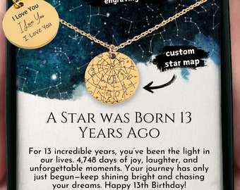 13th Birthday Star Map Necklace: Personalized Teenager Gift