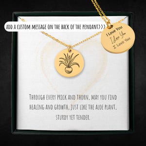 Collier personnalisé avec plante d'aloès pour femme | Pendentif cercle gravé personnalisé avec carte de message | Guérir la croissance inspirant cadeau bijoux