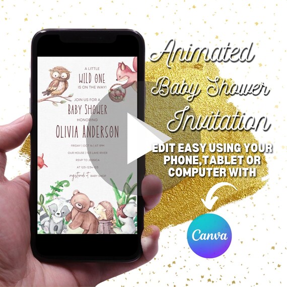 EDITABLE Woodland Baby Shower Invitation Video Cute Forest Etsy