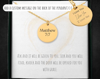 Matthäus 7,7 Fragen, Suchen, Knock Halskette | Personalisierte Gebetsschrift Schmuck | Kundenspezifisches graviertes Bibel-Versgeschenk