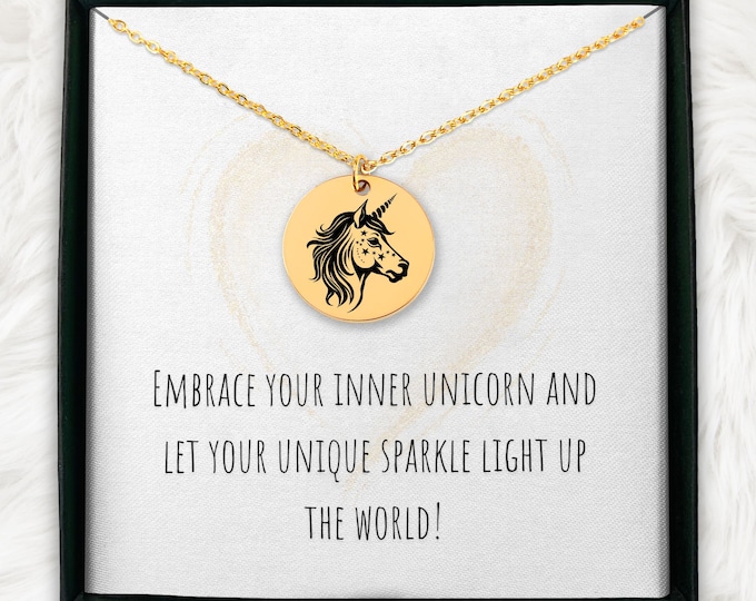 Personalized Unicorn Necklace For Girls And Women, Custom Engraved Unicorn Jewelry, Unicorn Charm, Unicorn Pendant Birthday Gift Idea
