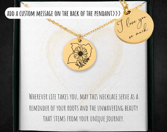 Personalized Uganda Map Necklace: Engraved Flower Pendant, Custom Roots Jewelry
