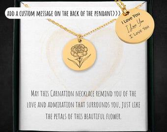Personalized Carnation Necklace: January Birth Flower Pendant, Custom Engraving