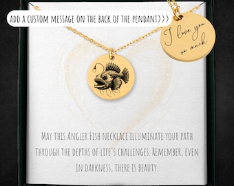 Personalized Angler Fish Necklace: Engraved Coin Pendant, Stainless Steel