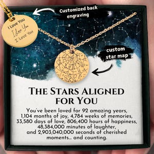 Gepersonaliseerde 92e verjaardag sieraden voor vrouwen, aangepaste sterrenkaart hanger ketting met emotionele boodschapkaart – uniek 92-jarige cadeau voor haar