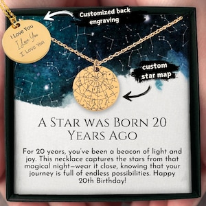 Presente de 20º aniversário, Uma estrela nasceu há 20 anos, colar de mapa estelar personalizado com cartão de mensagem, joias personalizadas para menina de 20 anos