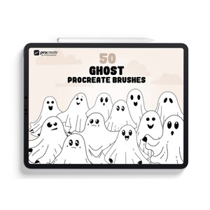 May include: A digital illustration of a tablet screen displaying a set of 50 ghost-themed Procreate brushes. The image features a collection of cute, cartoon-style ghosts with various expressions.