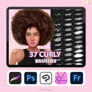 Procreate curly hair brushes. Procreate curls, wave, hairstyles brushes. Photoshop, Clip Studio Paint hair digital brushes