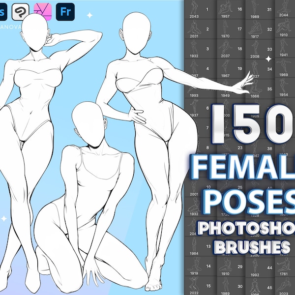 Photoshop female body poses brushes. Digital brushes, Clip Studio Paint, Affinity Photo, Procreate woman  body poses brushes