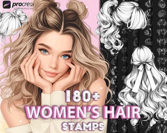 Procreate hair stamps. Procreate women's hairstyles brushes. Procreate curly hair brushes