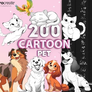 Maak cartoonborstels voor huisdieren voort. Voortplant cartoon hond, kat stempels. Voortplant chinchilla, papegaai, visborstelstempel. Teken tekenfilmdieren voort
