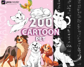 Procreate cartoon pet brushes. Procreate cartoon dog, cat stamps. Procreate chinchilla, parrot, fish brush stamp. Procreate cartoon animals