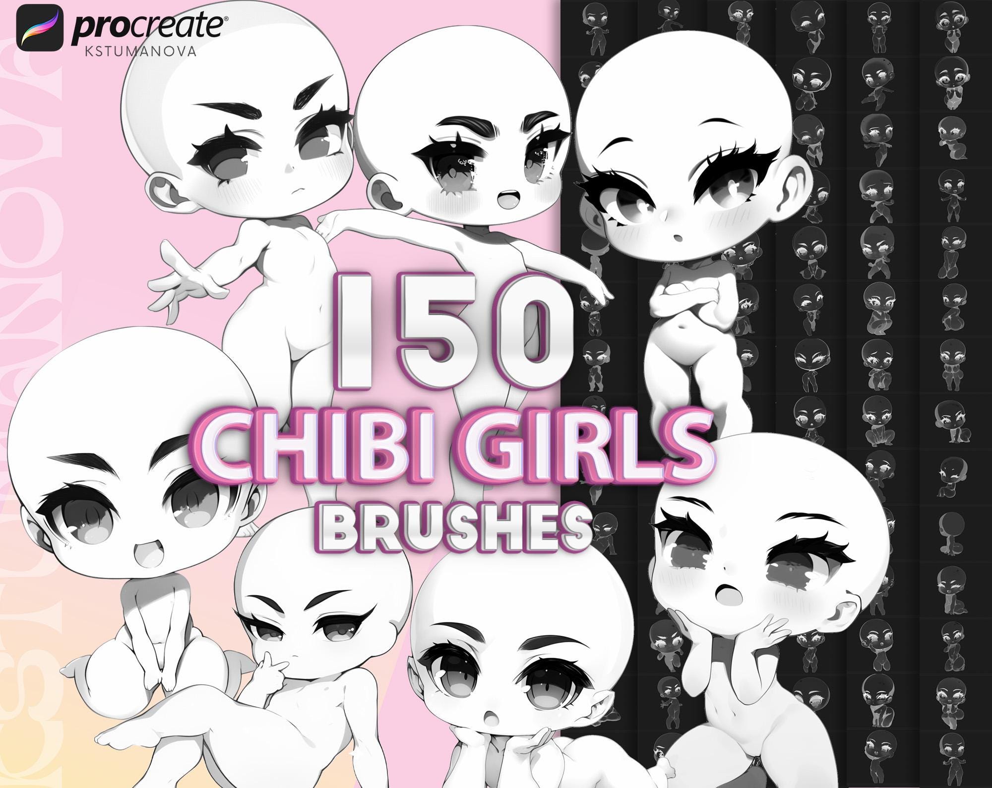 Procreate Chibi Girls Pose Stamps â 150 Anime Chibi Base Body & Head Brushes for iPad