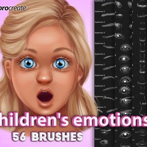 May include: A digital illustration of a girl's face with different expressions. The image includes 56 brushes for drawing eyes, eyebrows, noses, and mouths. The text "Children's emotions 56 brushes" is at the bottom of the image.