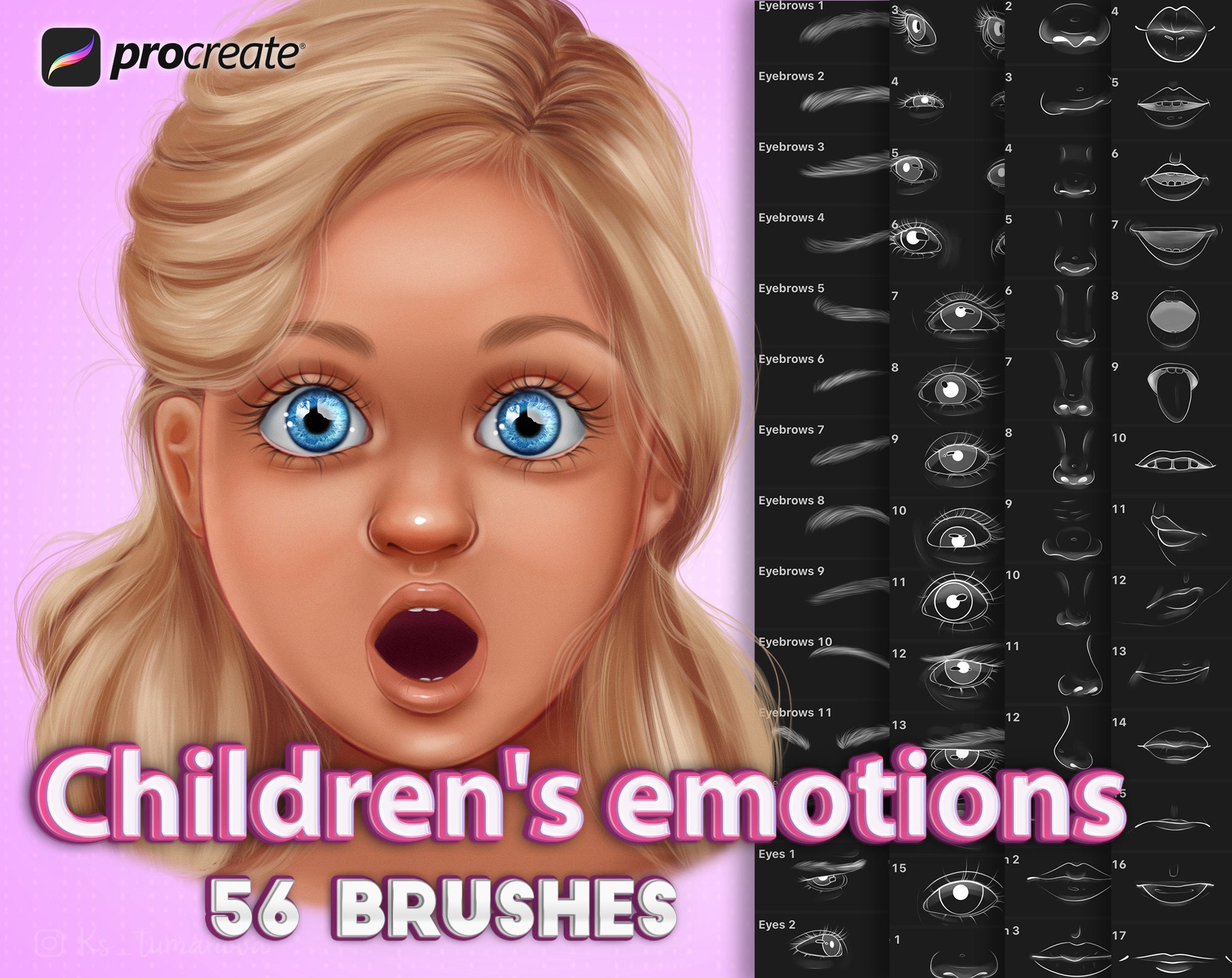 Procreate Kinder-Portraitpinsel. Procreate Baby Augen, Nasen Stempel. Procreate emotionaler Porträtpinsel