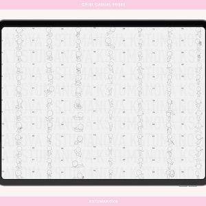 K&ouml;nnte beinhalten: Ein schwarzes digitales Tablet zeigt ein Raster von 100 Chibi-Charakterposen in schwarzer Strichzeichnung. Das Tablet hat einen wei&szlig;en Bildschirm und der Hintergrund ist hellrosa. Der Text "CHIBI CASUAL POSES" steht oben.
