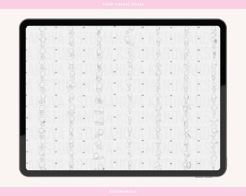 K&ouml;nnte beinhalten: Ein schwarzes digitales Tablet zeigt ein Raster von 100 Chibi-Charakterposen in schwarzer Strichzeichnung. Das Tablet hat einen wei&szlig;en Bildschirm und der Hintergrund ist hellrosa. Der Text "CHIBI CASUAL POSES" steht oben.