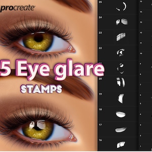 May include: A digital illustration of a woman's eye with a yellow iris and brown eyelashes. The image is labeled "25 Eye glare STAMPS" and shows 25 different eye glare stamps for digital art.