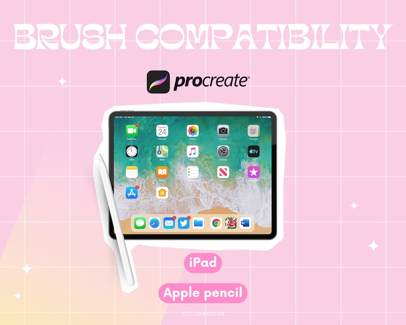 Op de afbeelding: Een witte Apple Pencil stylus wordt getoond naast een witte iPad met de Procreate-app geopend op het scherm. De iPad bevindt zich op een roze en gele rasterachtergrond. De tekst "BRUSH COMPATIBILITY" staat bovenaan de afbeelding. De tekst "procreate" staat in een blauwe doos met een penseelpictogram. De tekst "iPad" en "Apple Pencil" staan in witte dozen.
