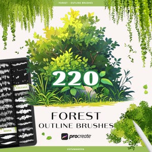 Procreate forest nature brushes. Procreate plant, leaves, tree brush stamps. Procreate anime outline dual brush. Procreate manga environment