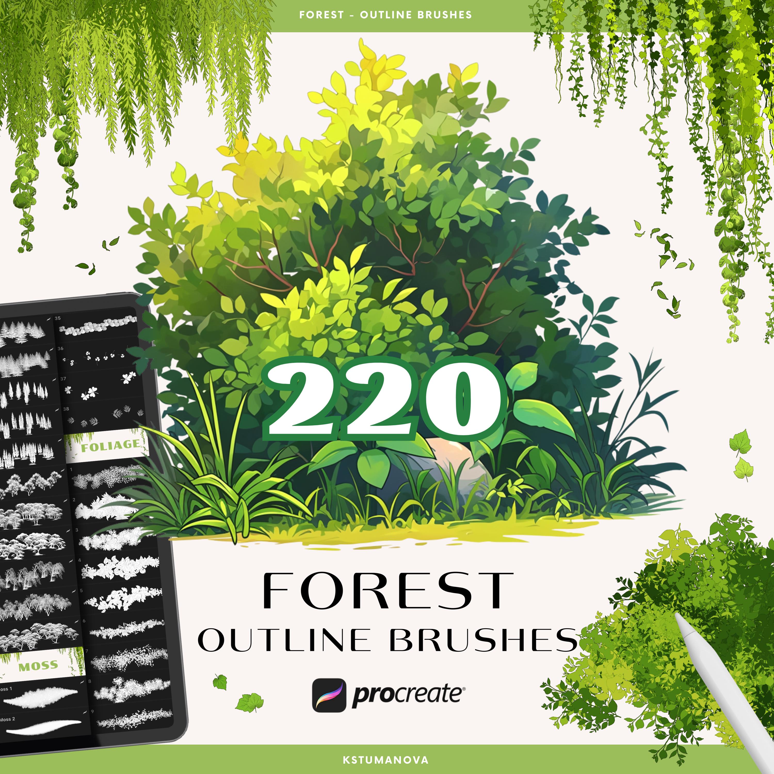 Pinceles de naturaleza y bosque para Procreate – 220 sellos de plantas, hojas, árboles, césped y entornos manga