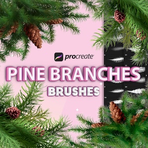 Procreate pine branch brushes. Procreate Christmas tree brushes. Procreate pine cone, pine needles stamps. Procreate larch tree brush stamp